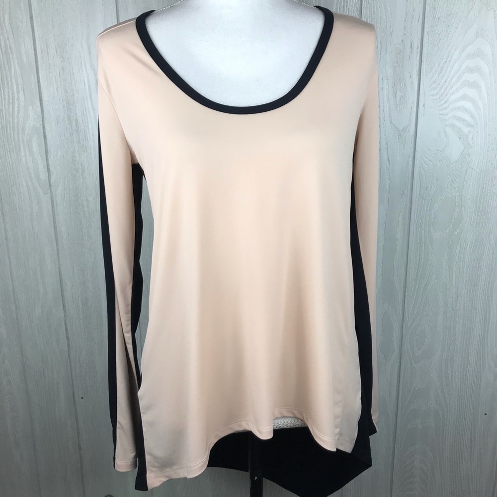 BCBG MaxAzria high low hem scoop neck tunic top long sleeve color block